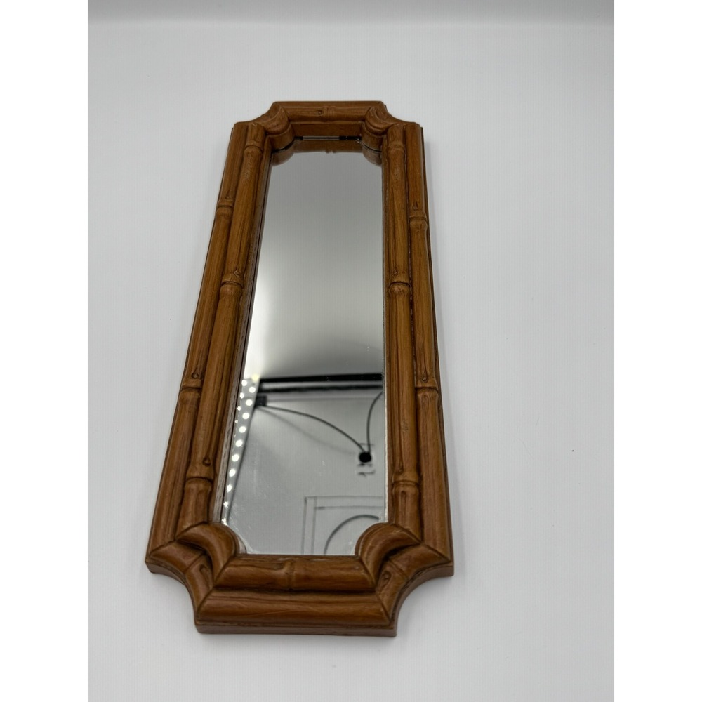 Vintage Faux Bamboo Wall Mirror Hollywood Regency Chinoiserie Brown Accent 13in